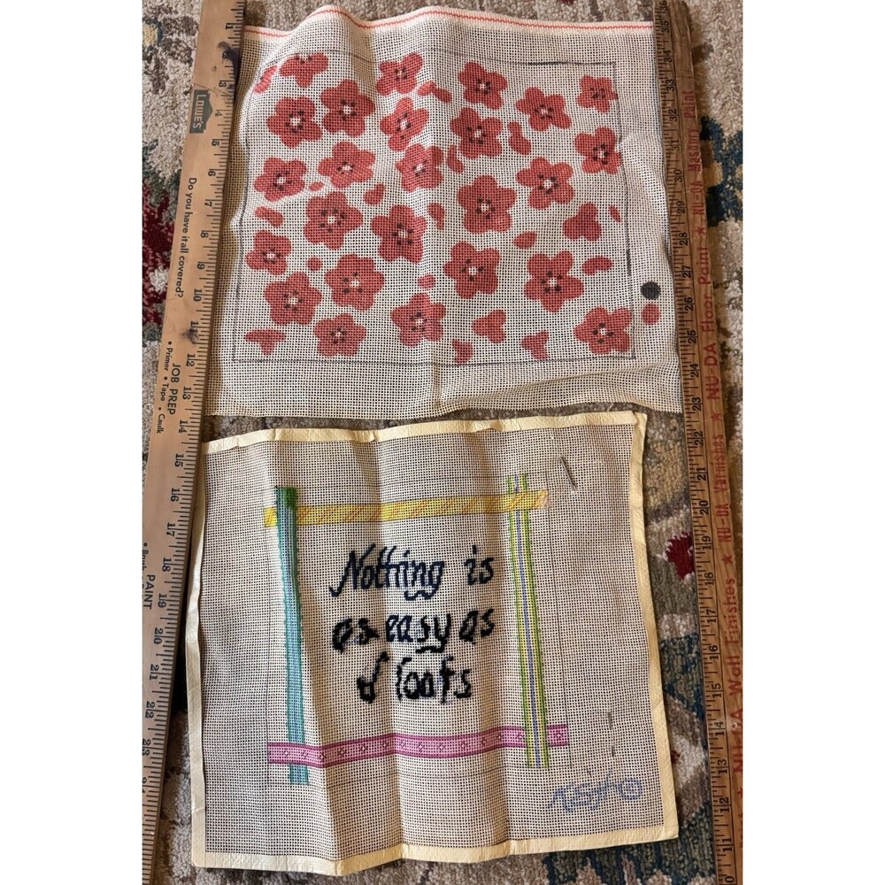 VTG Lot of 2 HandPainted Needlepoint Canvas Floral - Nothing Is Easy READ